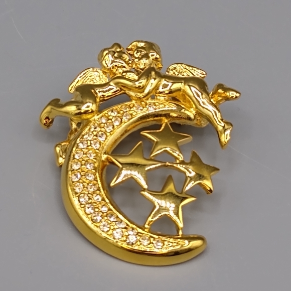 Cherub Crescent Moon Angel Brooch with Rhinestone Stars Valentine's Gift Vintage - Picture 15 of 15